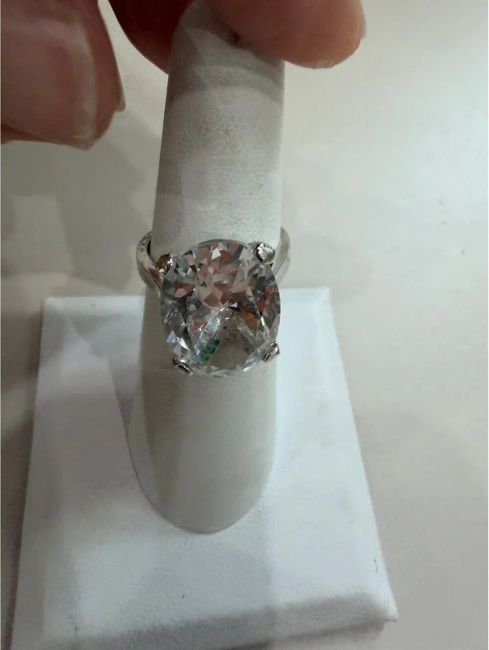 Silver Tone Ring with Large Clear Oval Gemstone Size 5.75 EDCO